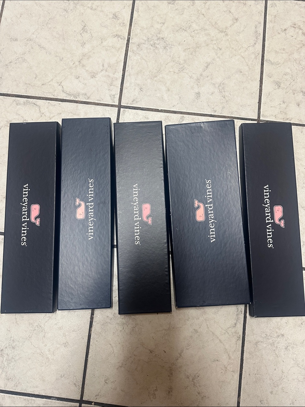 5 Vineyard Vines Navy Tie Boxes with Pink Whale Logo